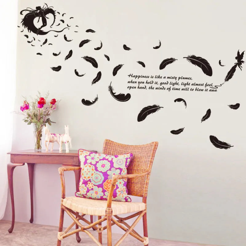 Black feather angel three generations removable wall stickers measuring 50x70 cm