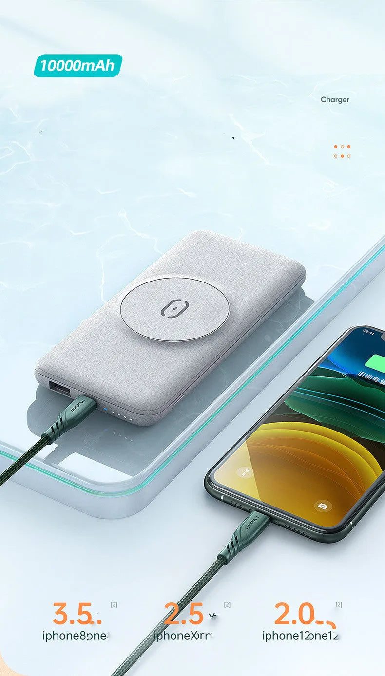 Maiduo Magsafe magnetic wireless power bank in mint green colour showing dimensions