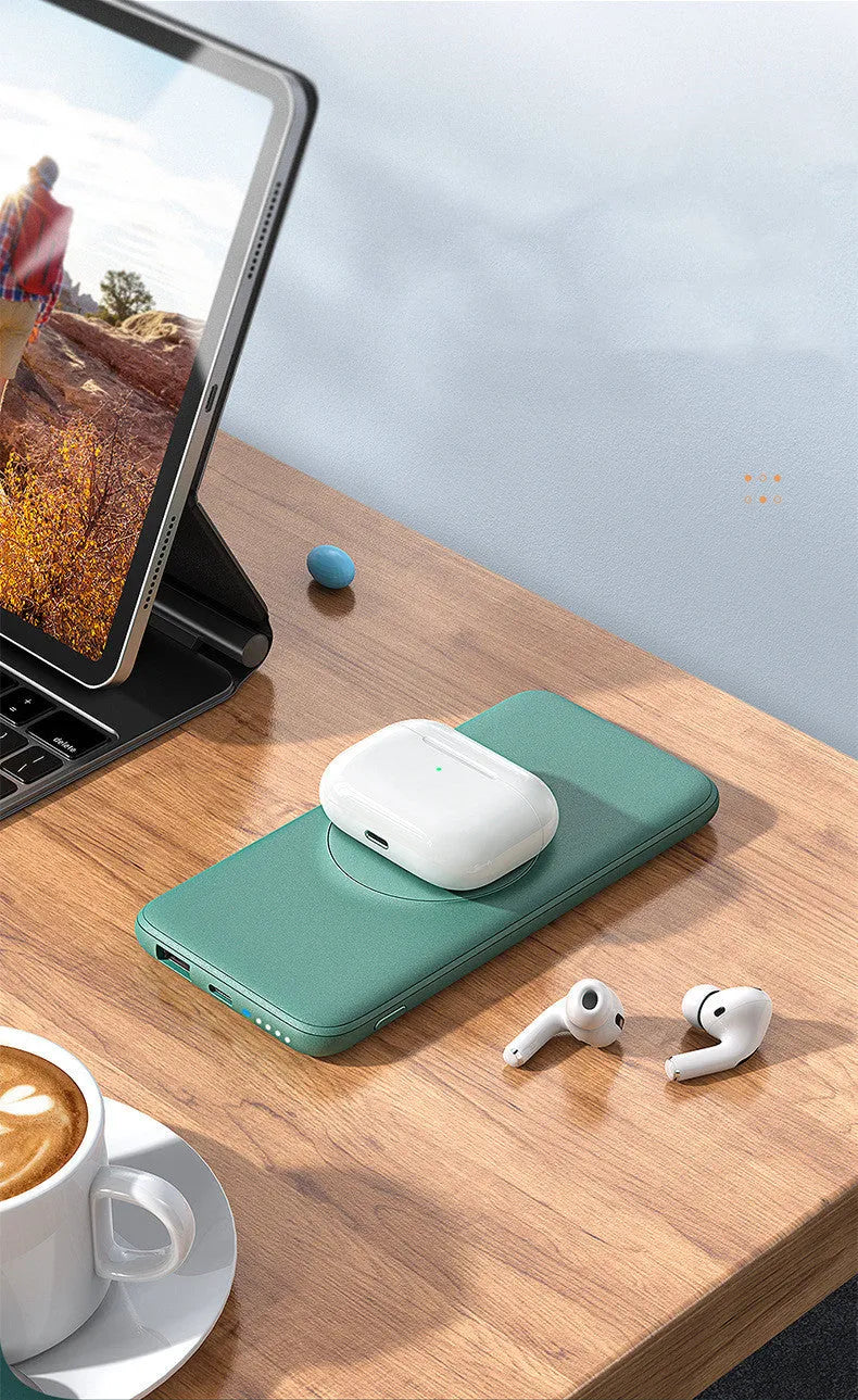 Maiduo Magsafe magnetic wireless power bank in mint green colour showing dimensions