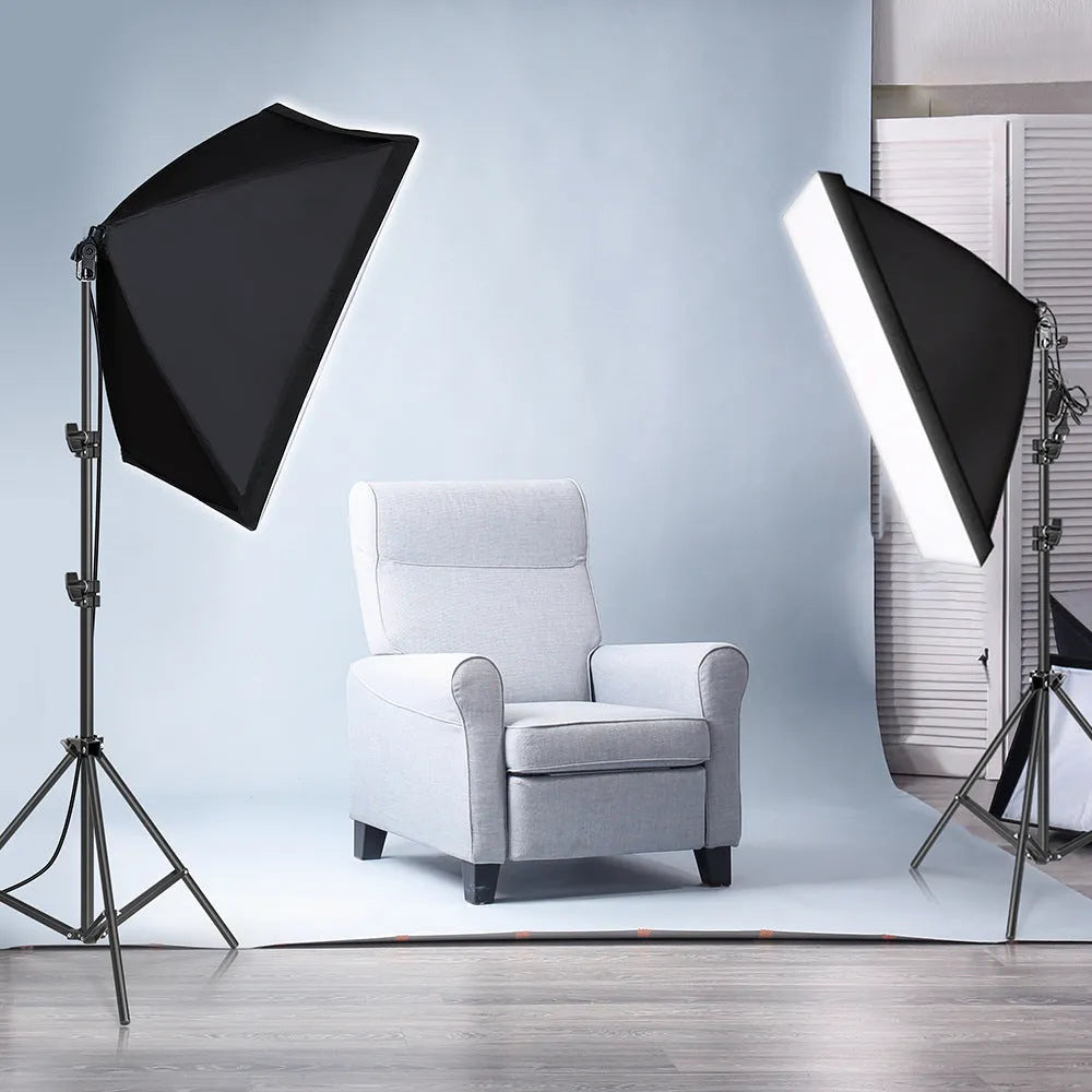 50x70cm photography softbox lighting kit with a 2 metre tall aluminium stand on a white background.