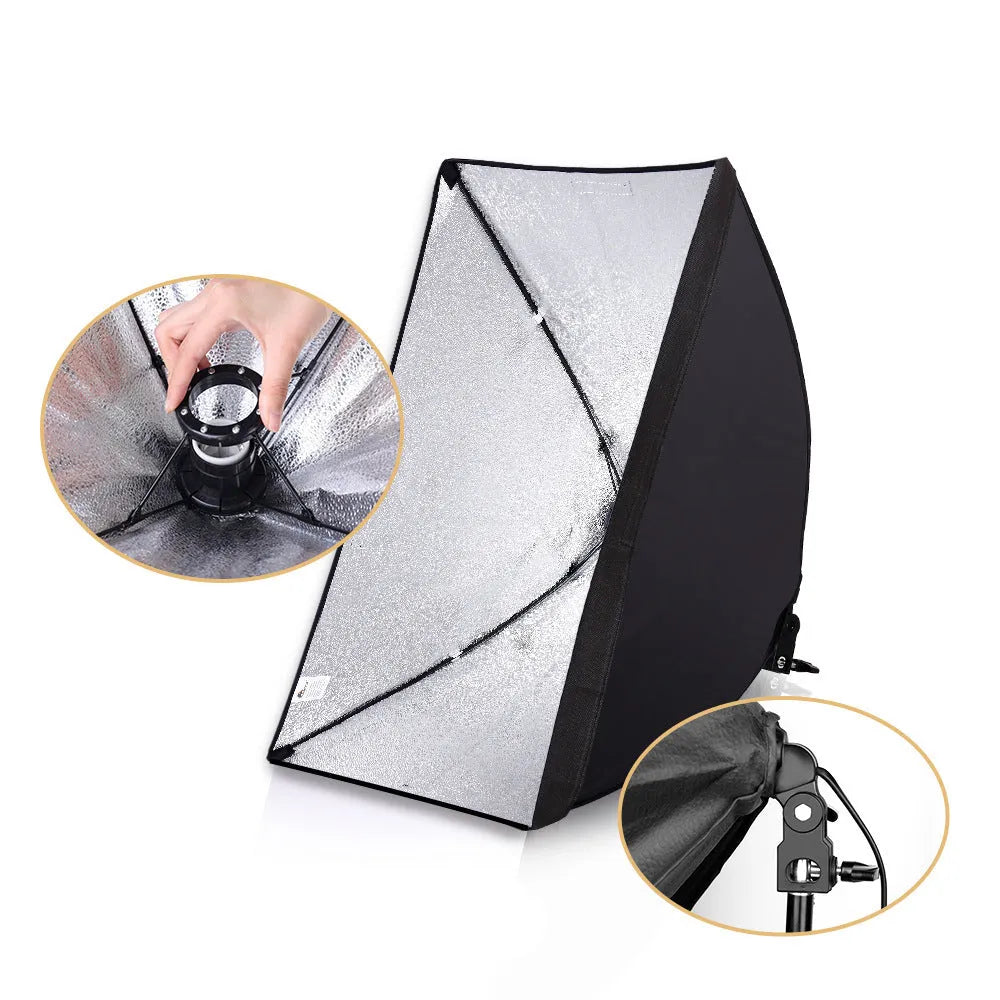 50x70cm photography softbox lighting kit with a 2 metre tall aluminium stand on a white background.