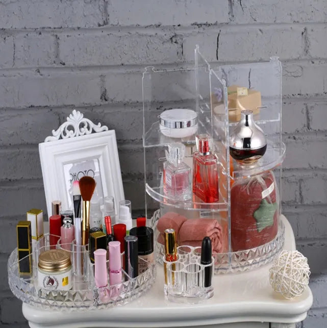360 rotating makeup organizer with diamond wave pattern and detachable spinning storage shelf in black, white, or transparent options