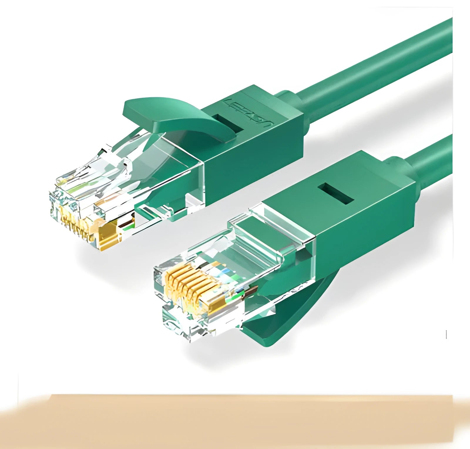 UGREEN green Cat 6 Ethernet network cable with RJ45 connectors, shown in 1m and 2m lengths.
