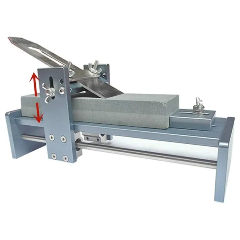 Fixed angle sharpening gantry tool made of aluminium alloy and stainless steel for sharpening woodworking chisels and planer blades.