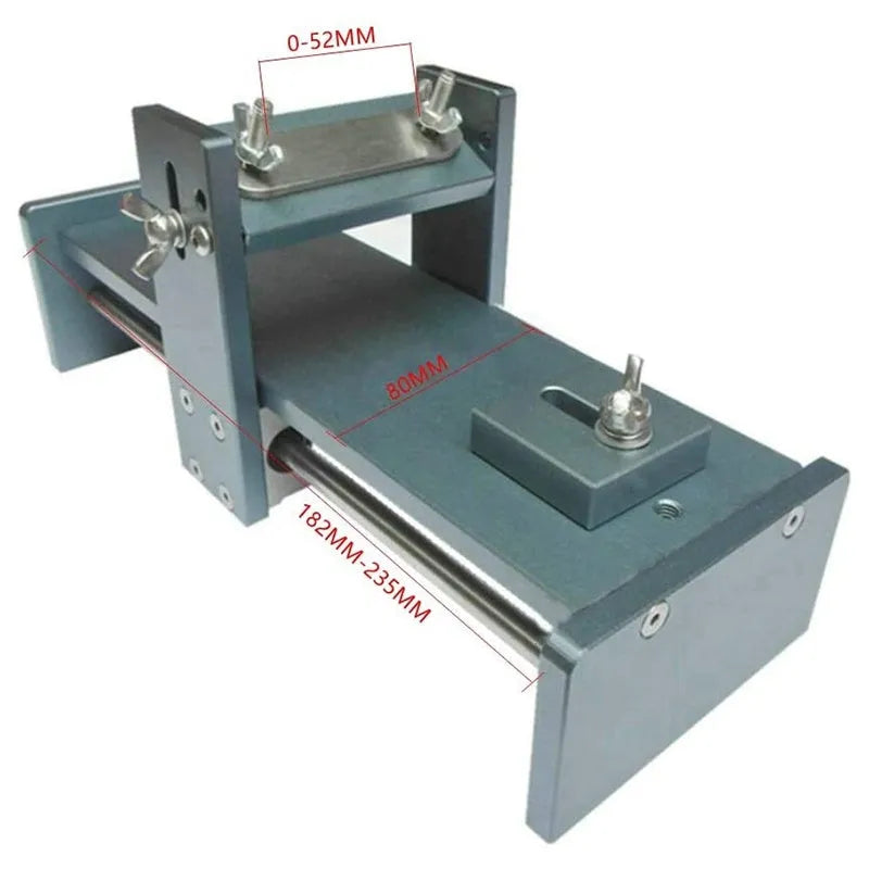 Fixed angle sharpening gantry tool made of aluminium alloy and stainless steel for sharpening woodworking chisels and planer blades.