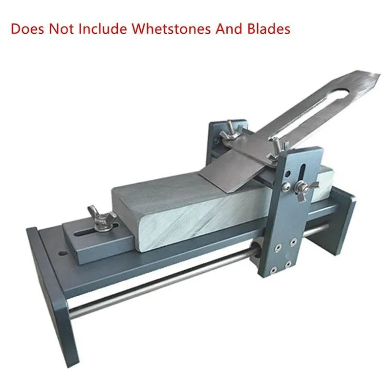 Fixed angle sharpening gantry tool made of aluminium alloy and stainless steel for sharpening woodworking chisels and planer blades.