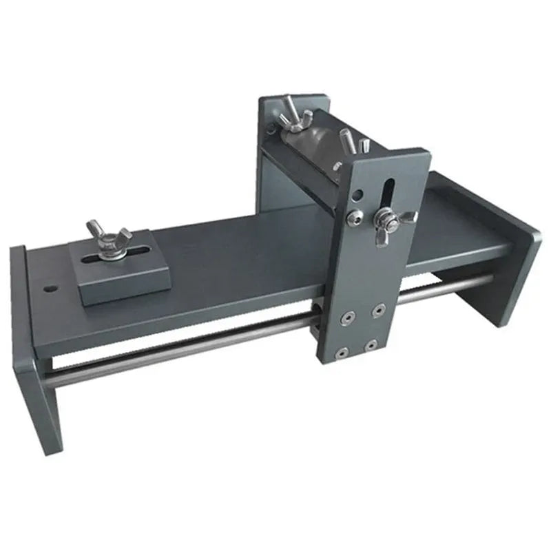 Fixed angle sharpening gantry tool made of aluminium alloy and stainless steel for sharpening woodworking chisels and planer blades.