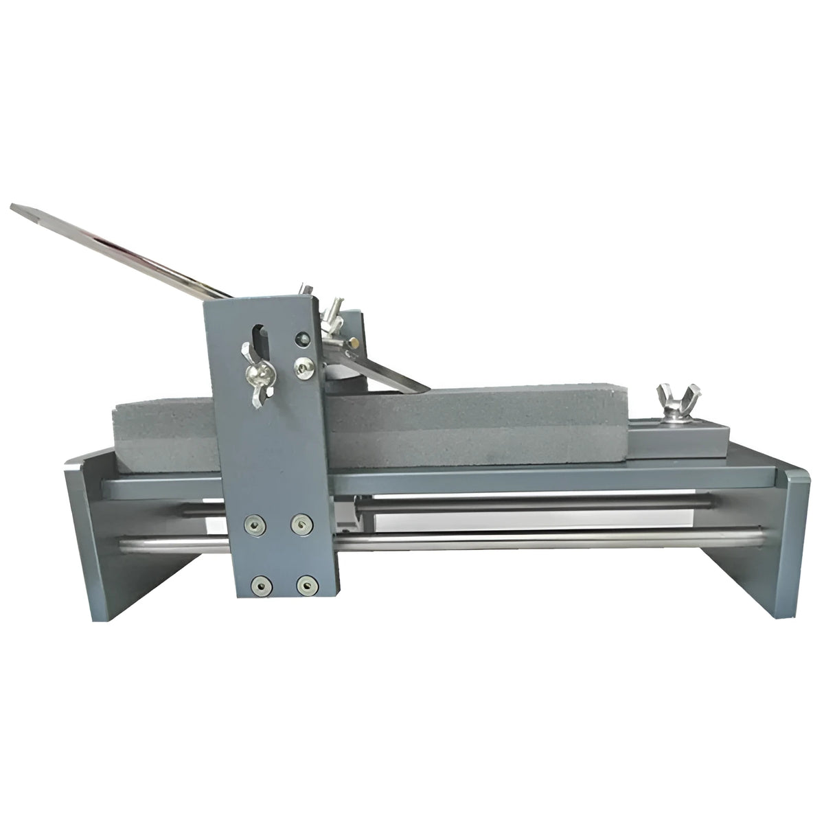 Fixed angle sharpening gantry tool made of aluminium alloy and stainless steel for sharpening woodworking chisels and planer blades.