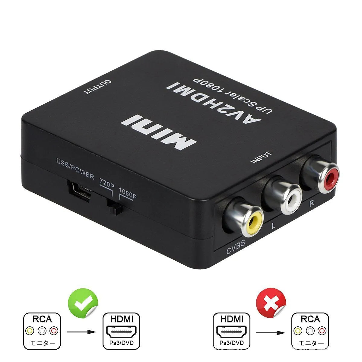 Black and white AV to HDMI video converter with 0.5m cable for 1080P resolution conversion