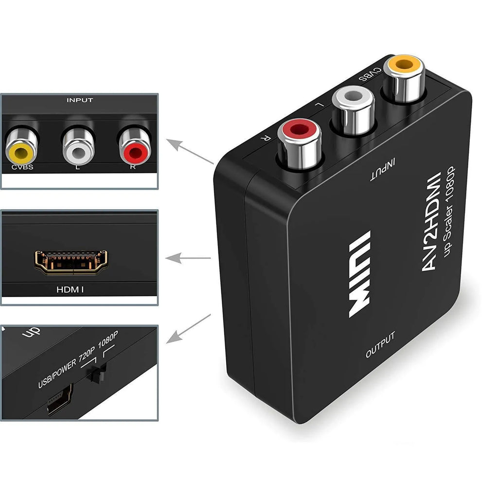 Black and white AV to HDMI video converter with 0.5m cable for 1080P resolution conversion