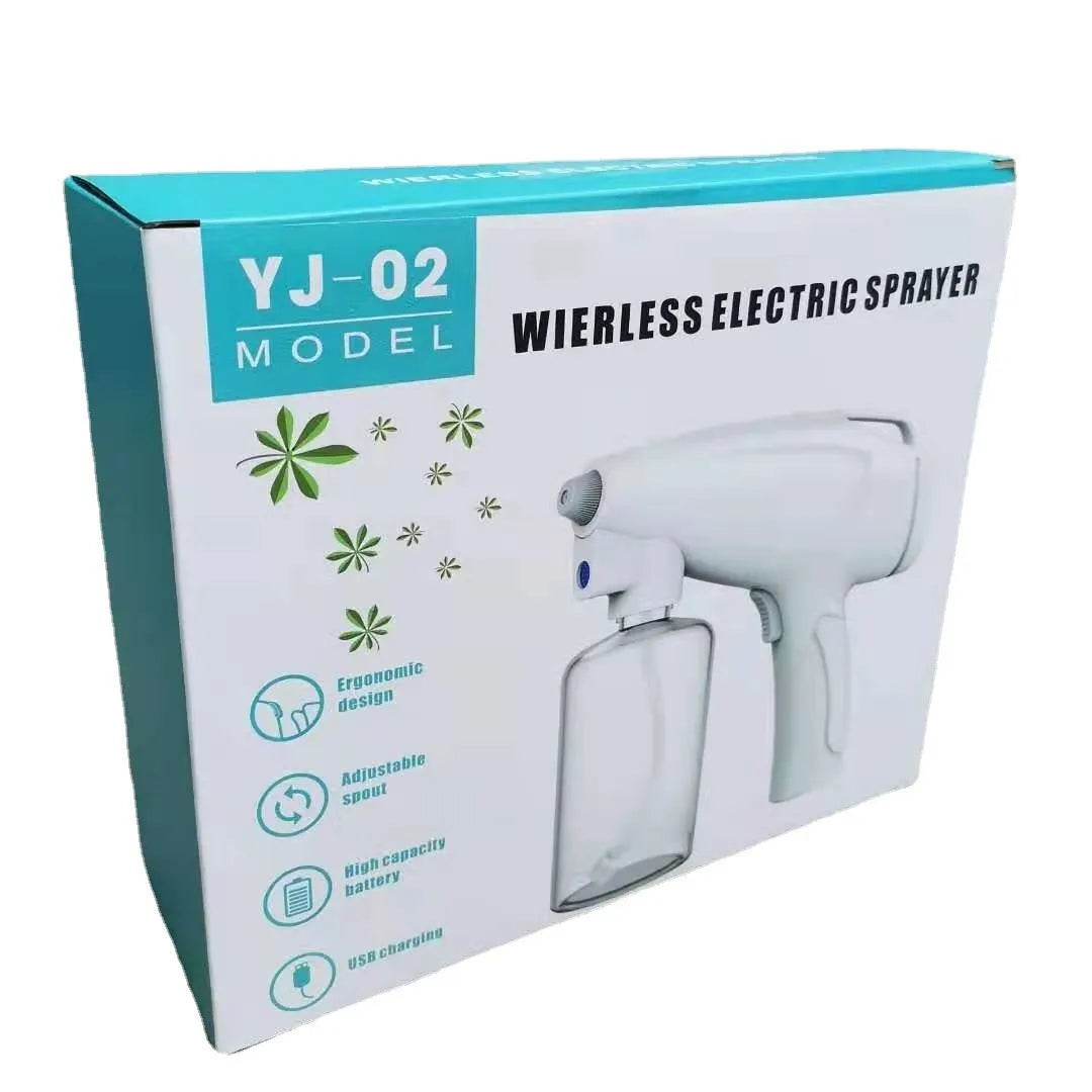 White handheld cordless electric spray disinfection gun with USB charging cable.