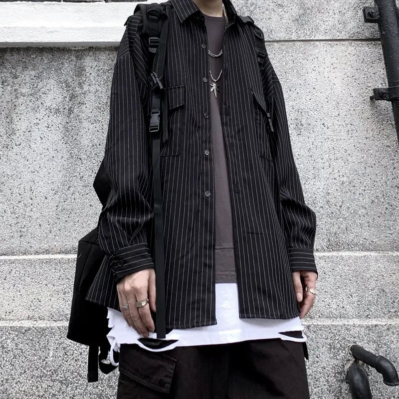 Retro wild striped black long sleeve loose shirt with square collar on a model