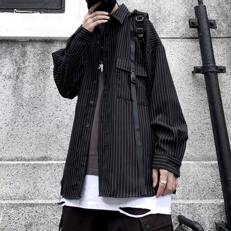 Retro wild striped black long sleeve loose shirt with square collar on a model