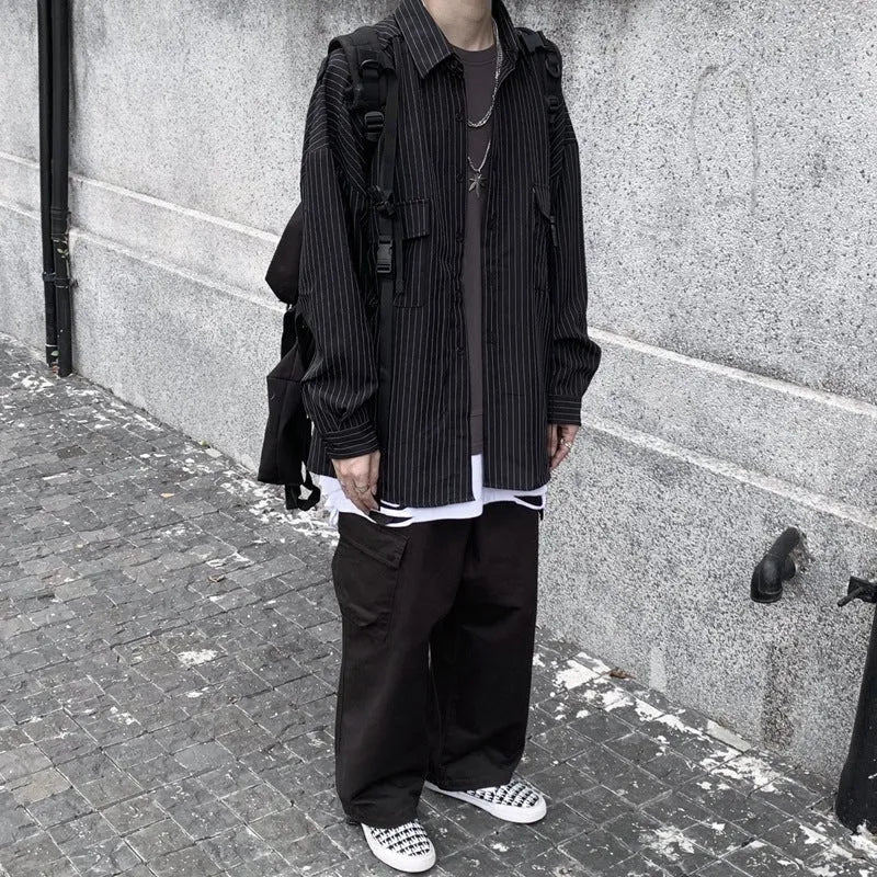 Retro wild striped black long sleeve loose shirt with square collar on a model