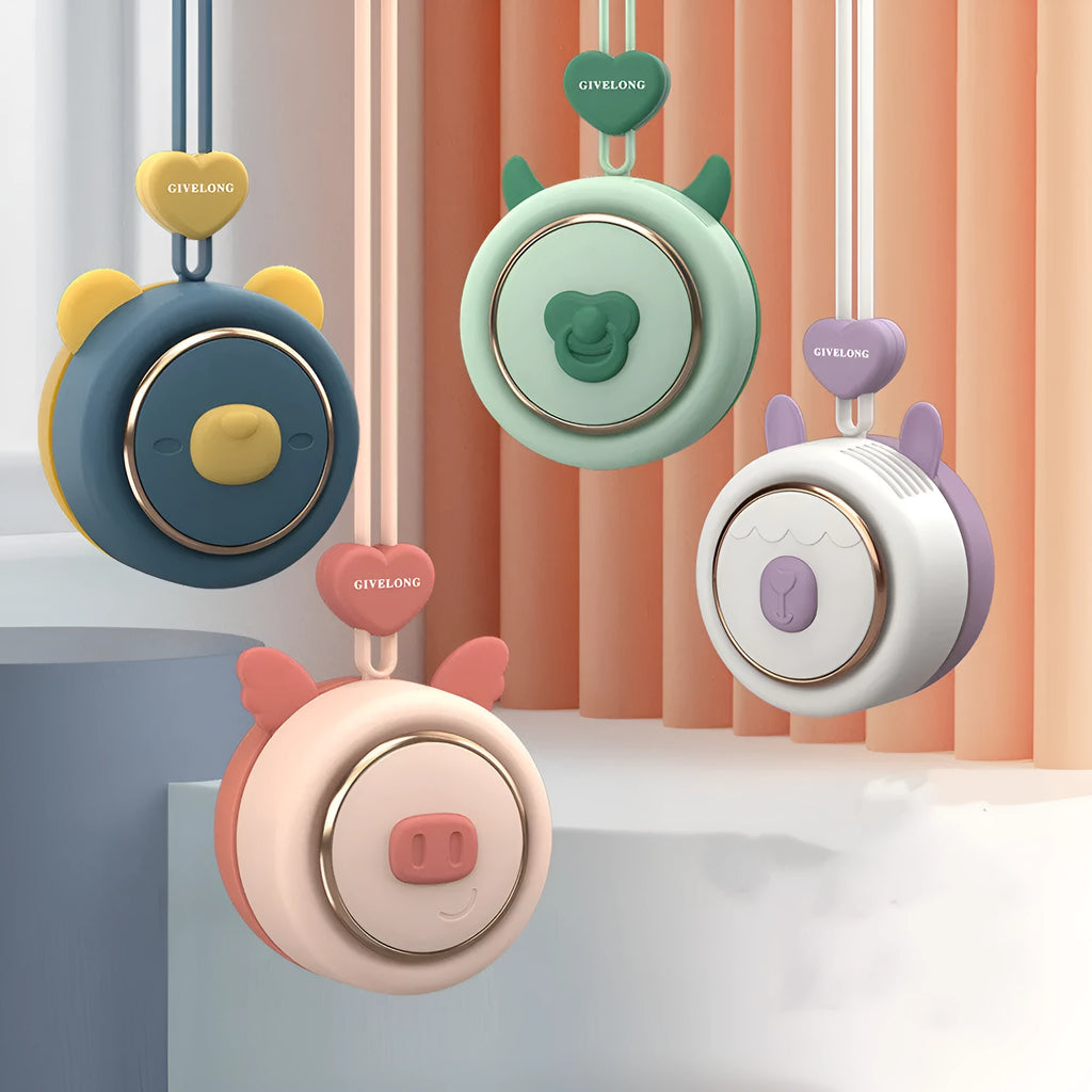 Mini bladeless neck fan with hanging rope shown in blue, pink, and green colour options.