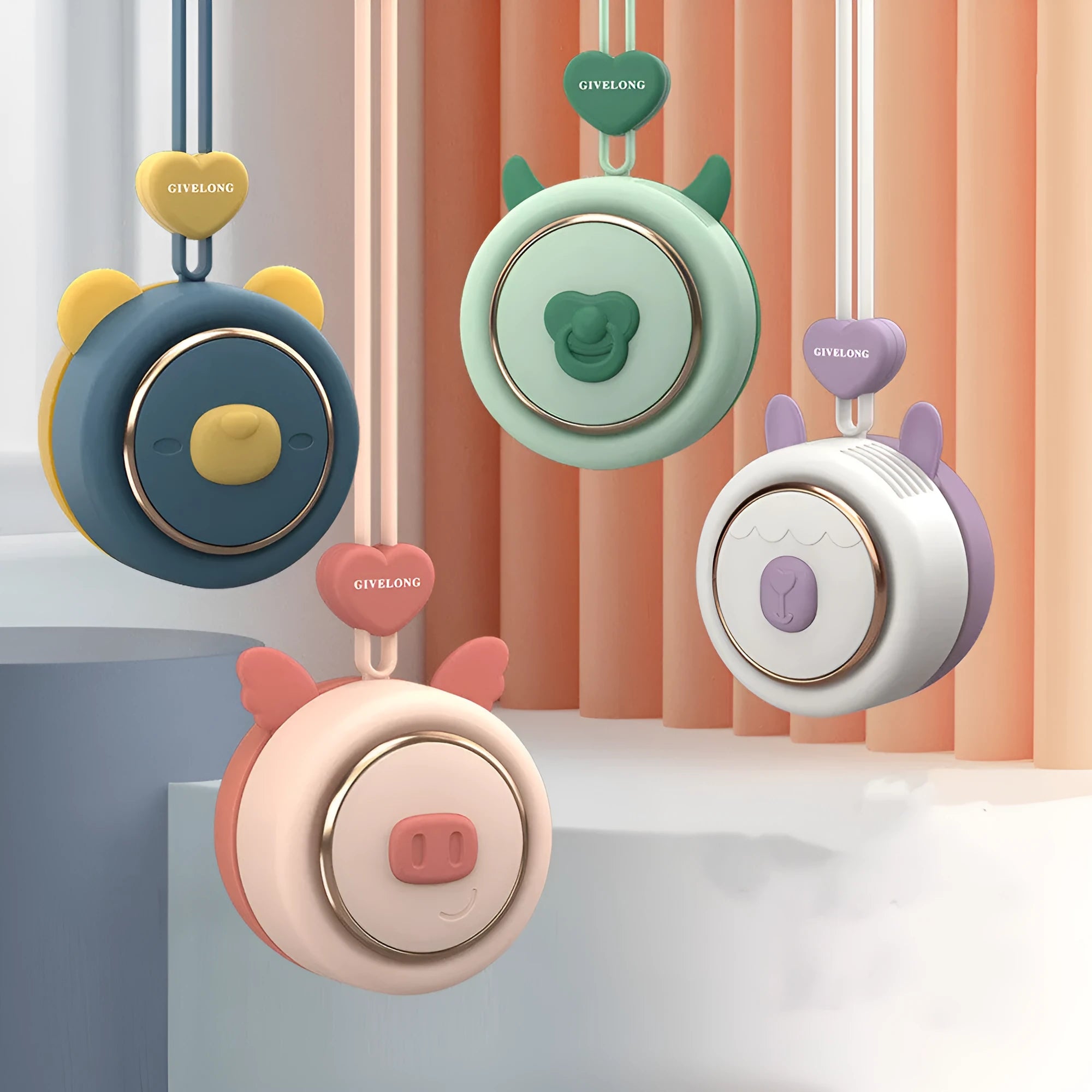 Mini bladeless neck fan with hanging rope shown in blue, pink, and green colour options.