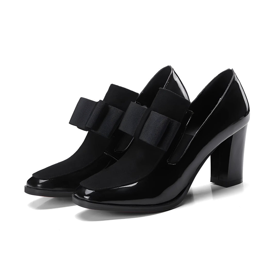Black leather women's high heel shoes with thick heel and square toe design