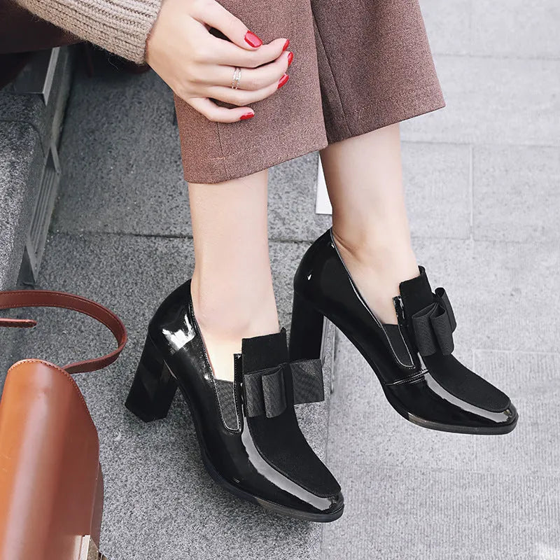 Black leather women's high heel shoes with thick heel and square toe design