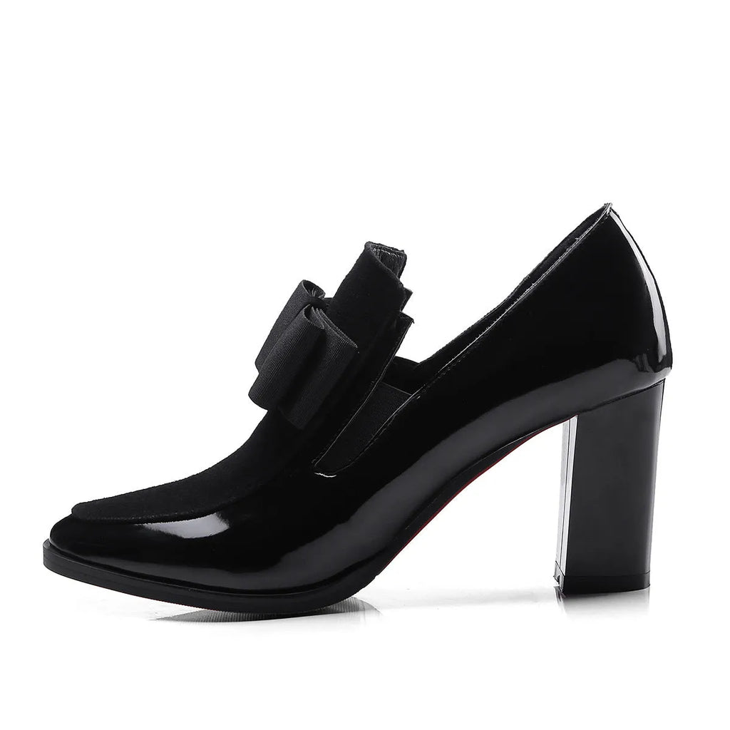 Black leather women's high heel shoes with thick heel and square toe design