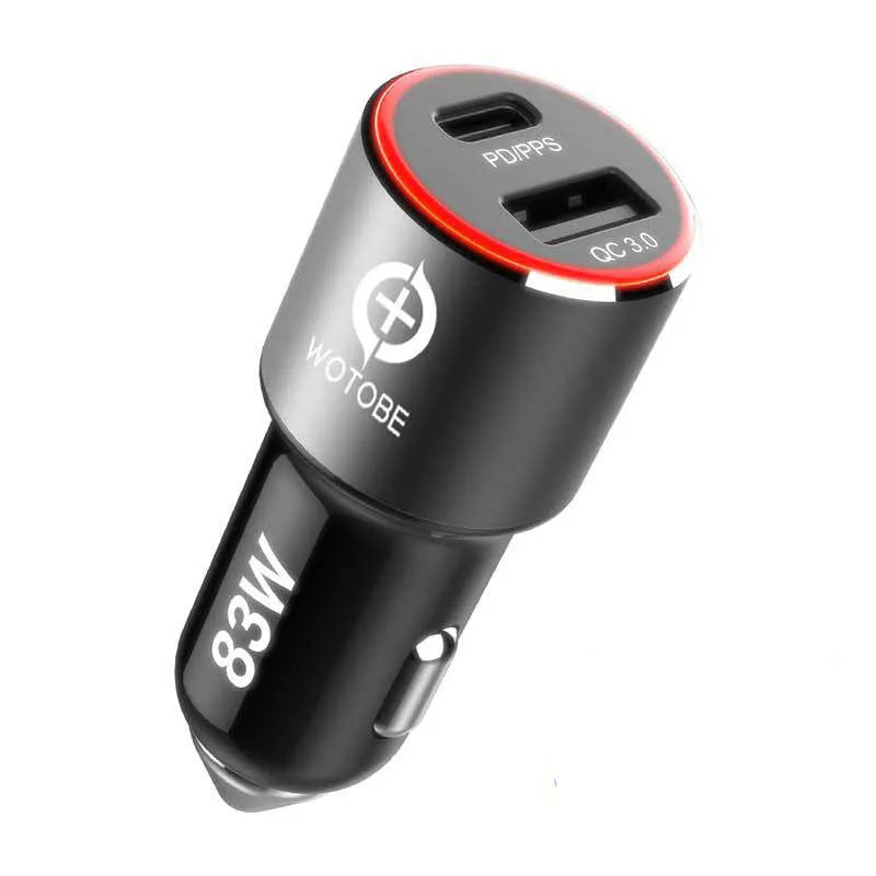 83W dual-port USB C and QC3.0 fast car charger with choice of C-C or Apple MFI cable bundles.