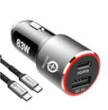 83W dual-port USB C and QC3.0 fast car charger with choice of C-C or Apple MFI cable bundles.