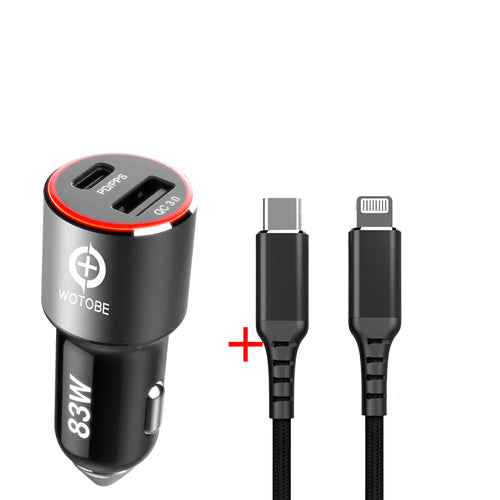 83W dual-port USB C and QC3.0 fast car charger with choice of C-C or Apple MFI cable bundles.