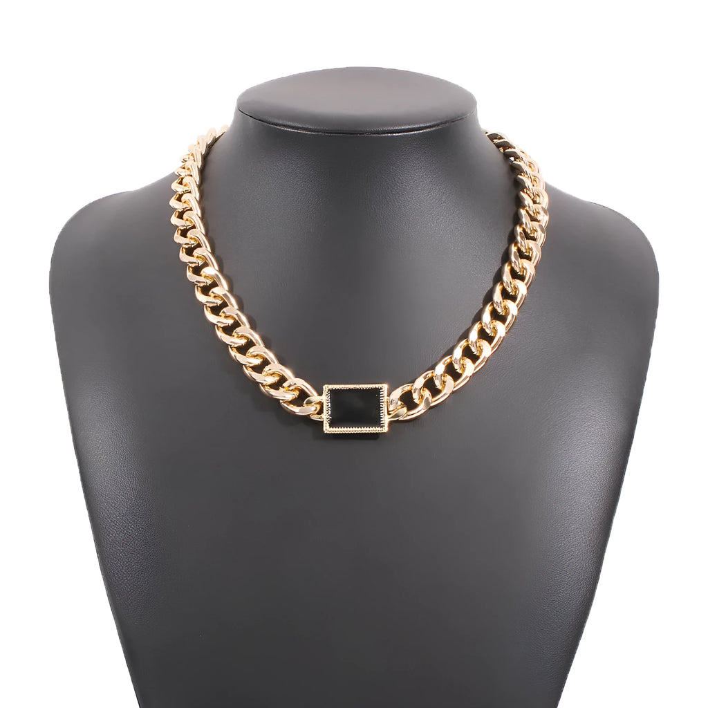 Gold geometric alloy necklace for women, adjustable 21-50cm circumference, pendant-free design on white background