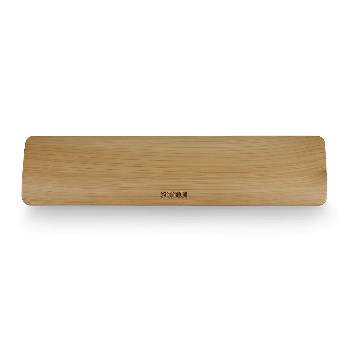 Single-sided wooden keyboard wrist pad in birch wood with machined finish on a desk