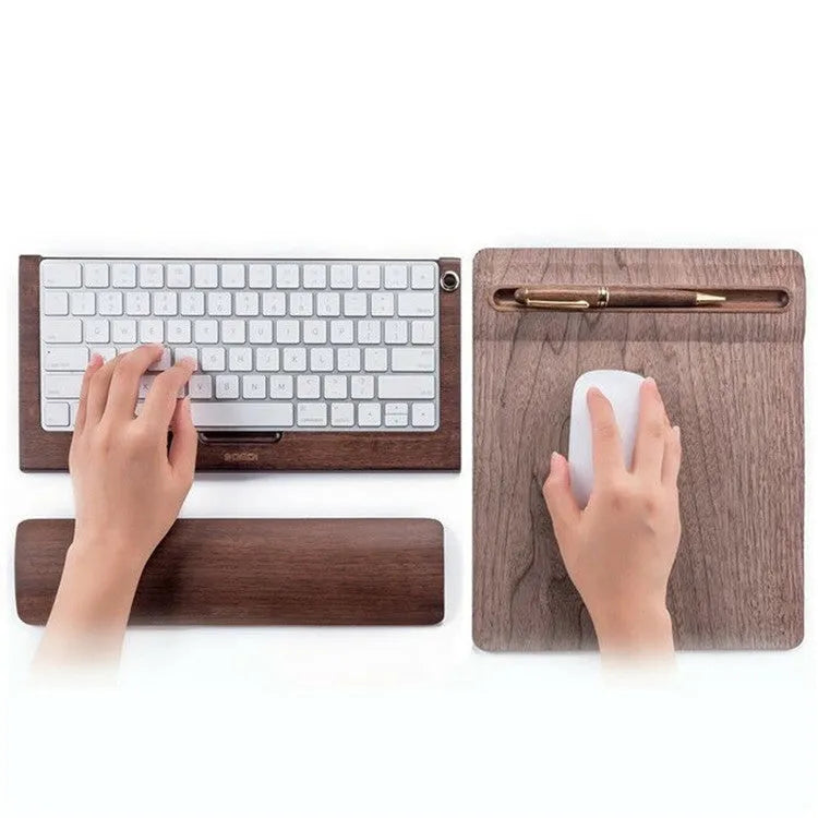 Single-sided wooden keyboard wrist pad in birch wood with machined finish on a desk