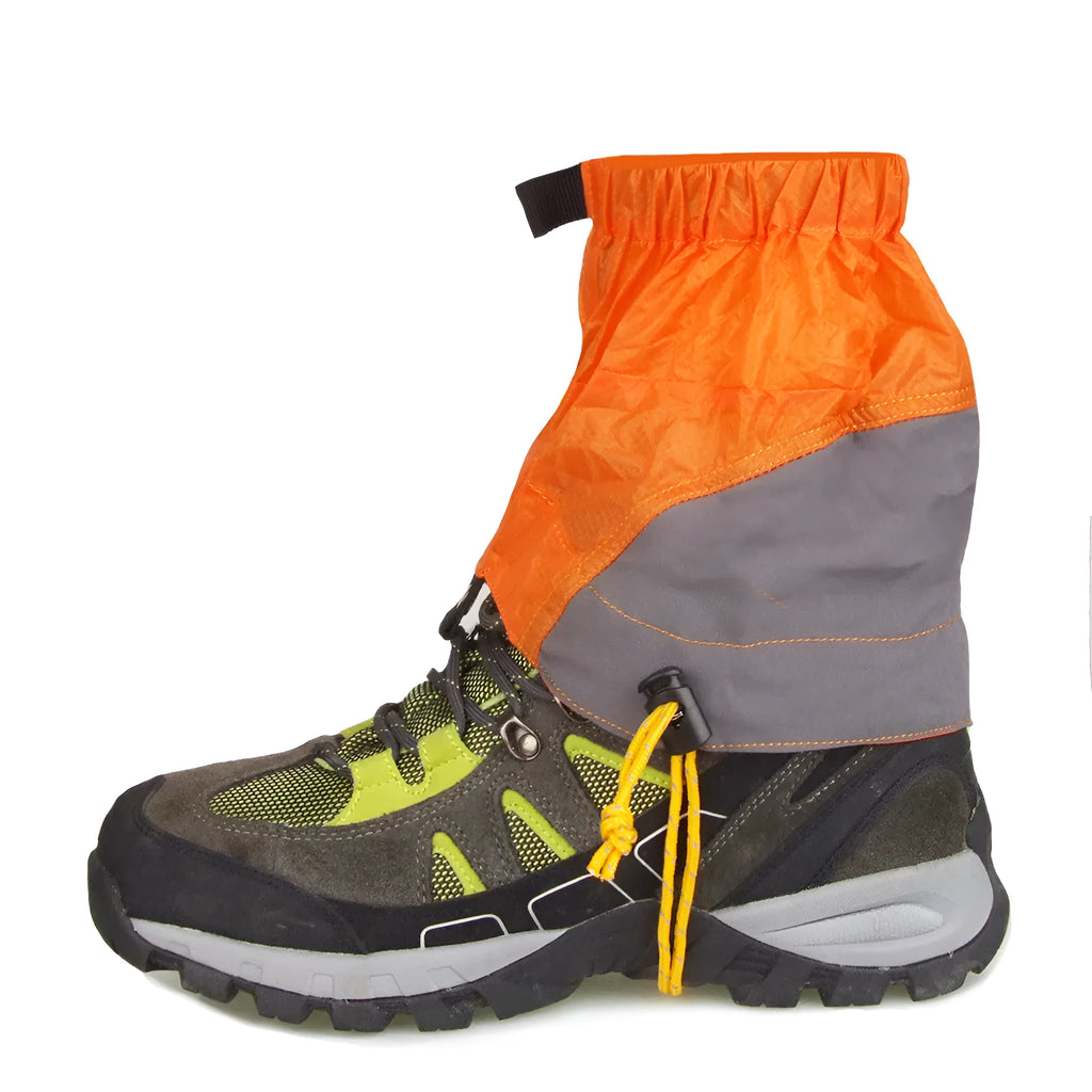 Splash-proof nylon foot cover in black on a rocky trail background, 22cm by 20cm unisex gaiter.