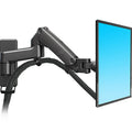 Black wall-mounted computer monitor stand with telescopic lifting arm and rotating VESA bracket