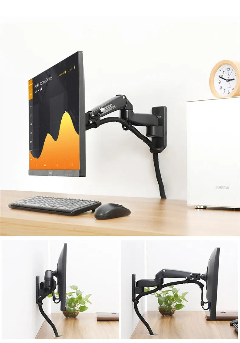 Black wall-mounted computer monitor stand with telescopic lifting arm and rotating VESA bracket