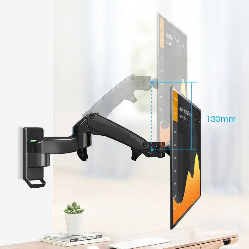 Black wall-mounted computer monitor stand with telescopic lifting arm and rotating VESA bracket