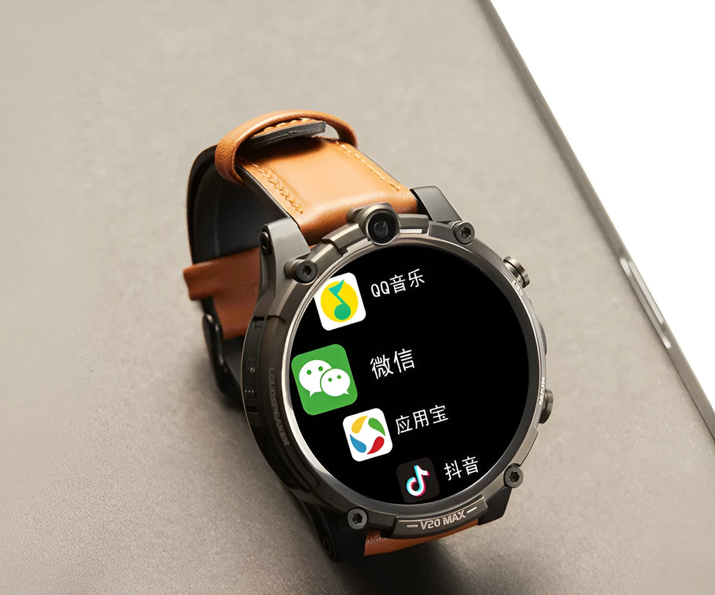 Black smart phone watch with 1.6-inch screen on a wrist strap, showing 4G, dual camera, and heart rate features.