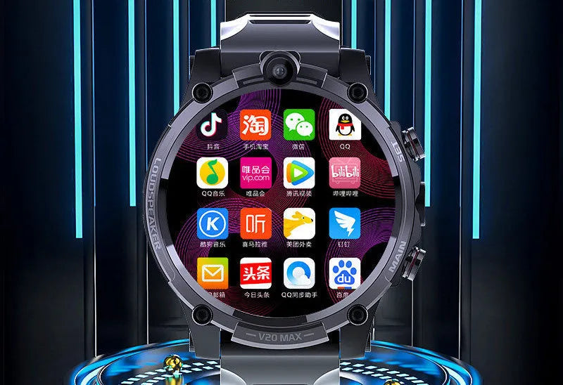 Black smart phone watch with 1.6-inch screen on a wrist strap, showing 4G, dual camera, and heart rate features.