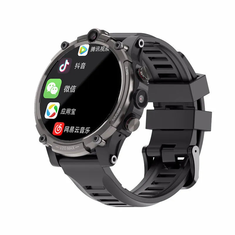 Black smart phone watch with 1.6-inch screen on a wrist strap, showing 4G, dual camera, and heart rate features.