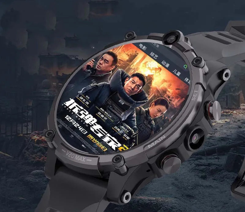 Black smart phone watch with 1.6-inch screen on a wrist strap, showing 4G, dual camera, and heart rate features.
