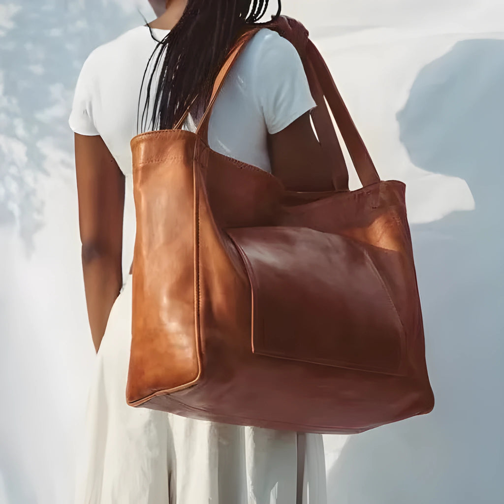 Large capacity oil wax tote bag for women, PU retro shoulder bag in brown, dimension 40x13x32cm