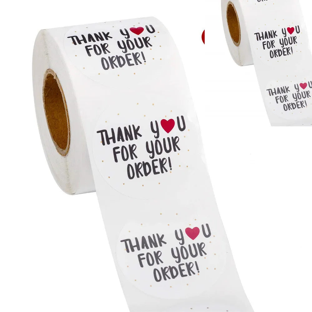 Round white 'Thank You For Ordering' sticker 2.5cm on a roll of 500 copper plate labels