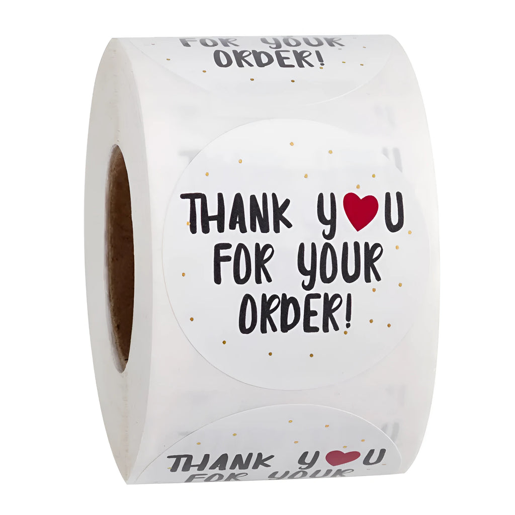 Round white 'Thank You For Ordering' sticker 2.5cm on a roll of 500 copper plate labels