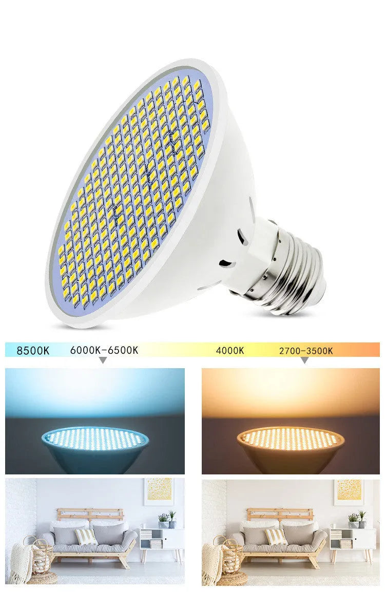 E27 LED lamp cup bulb with PC body showing warm white and cool white lighting options