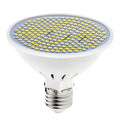 E27 LED lamp cup bulb with PC body showing warm white and cool white lighting options