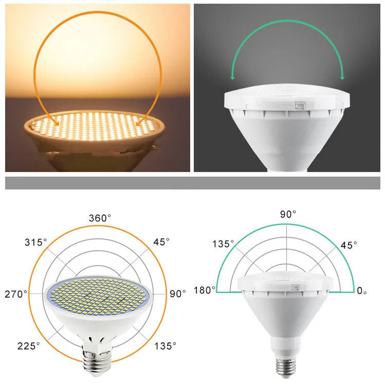 E27 LED lamp cup bulb with PC body showing warm white and cool white lighting options