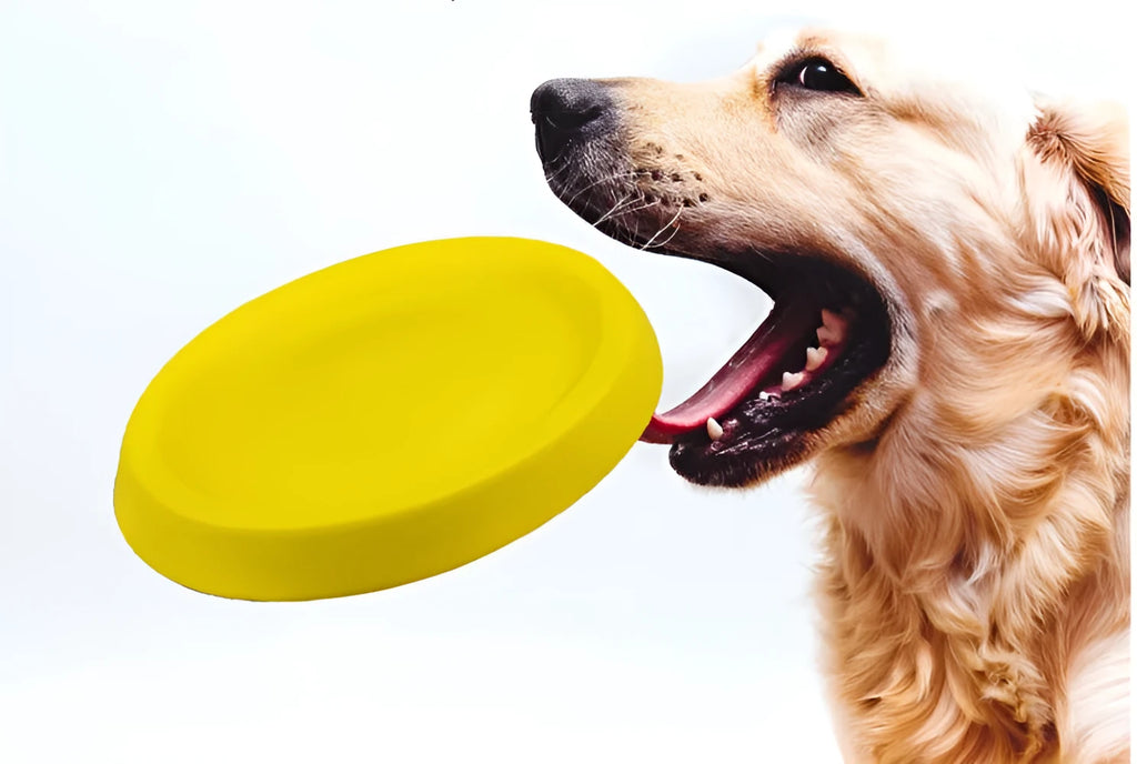 Yellow EVA plastic throwing disc dog training toy on grass