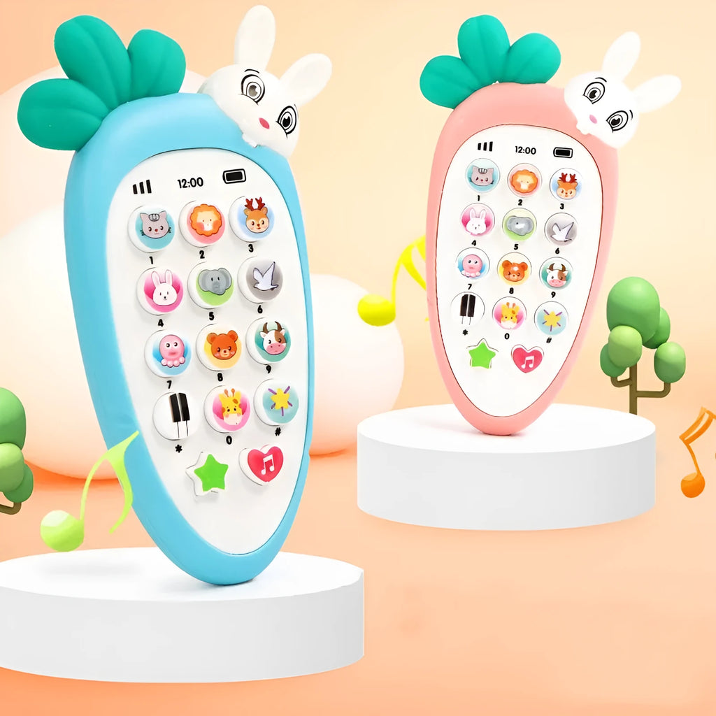 Electronic baby phone toy in pink with colourful buttons and compact 15cm design