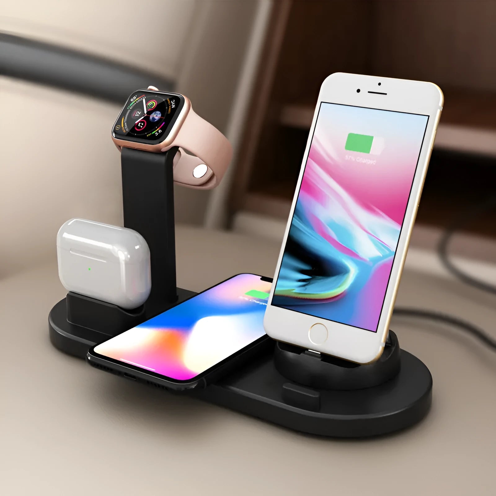 Black three-in-one wireless charging stand for iPhone, Apple Watch and AirPods with USB cable