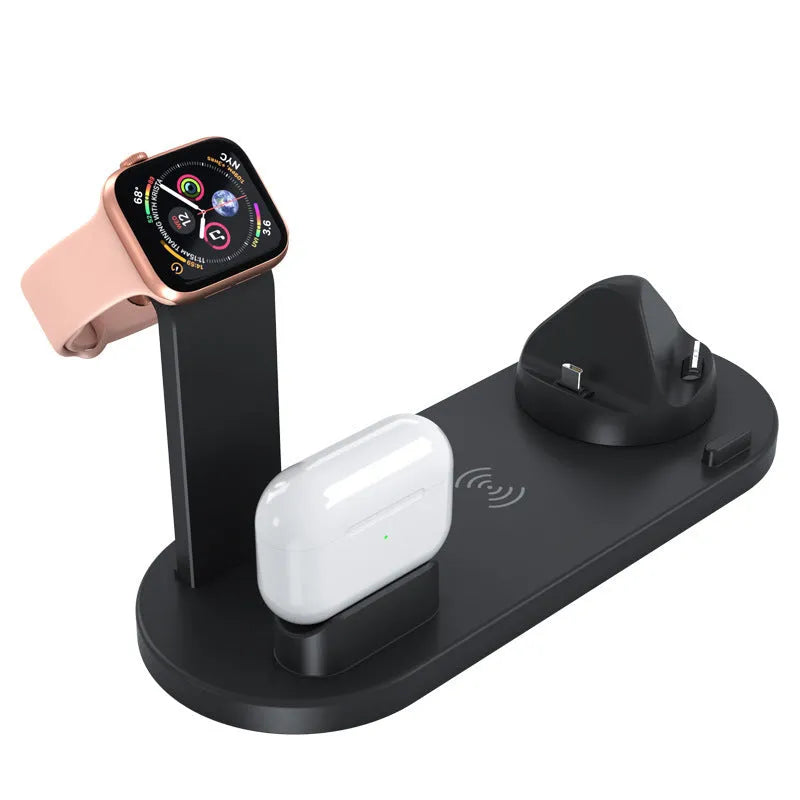 Black three-in-one wireless charging stand for iPhone, Apple Watch and AirPods with USB cable