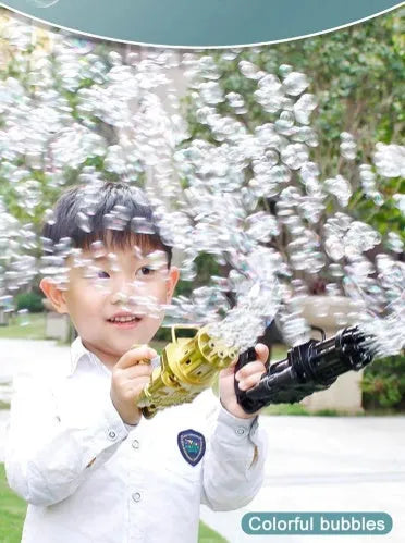 Kids bubble machine toy in pink, gold or black with battery compartment and trigger mechanism