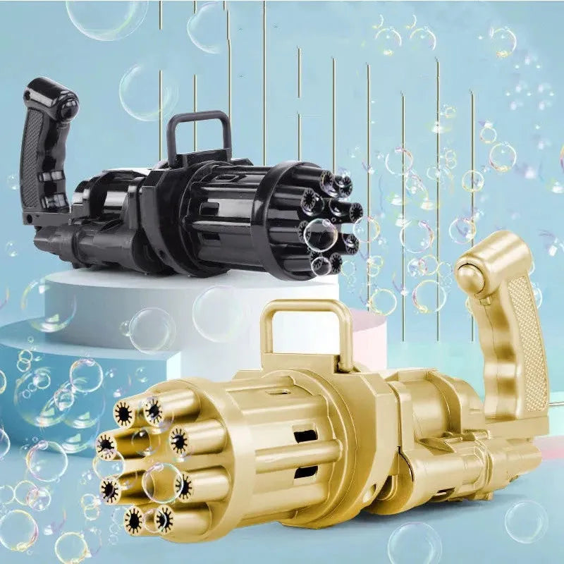 Kids bubble machine toy in pink, gold or black with battery compartment and trigger mechanism