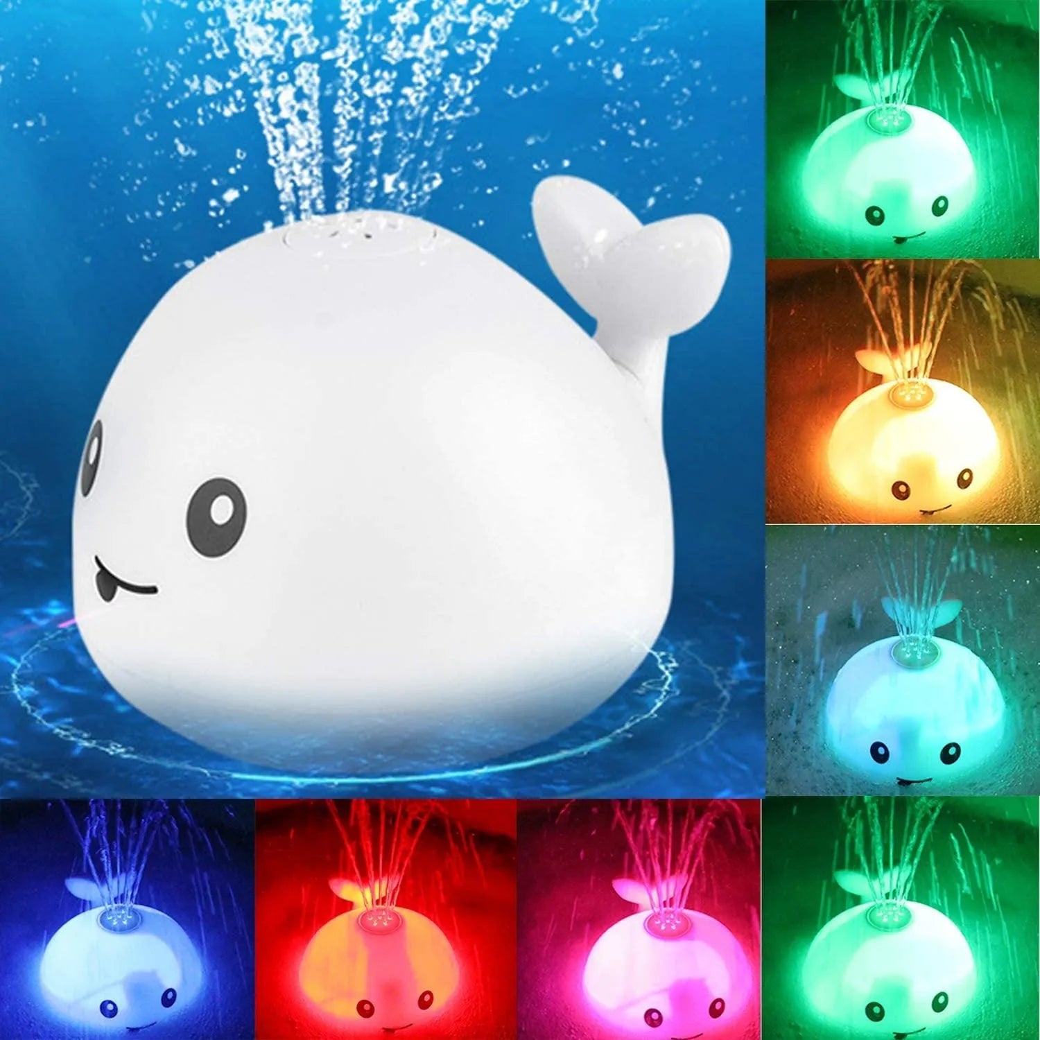 White and blue whale bath toy spraying water with LED lights illuminated